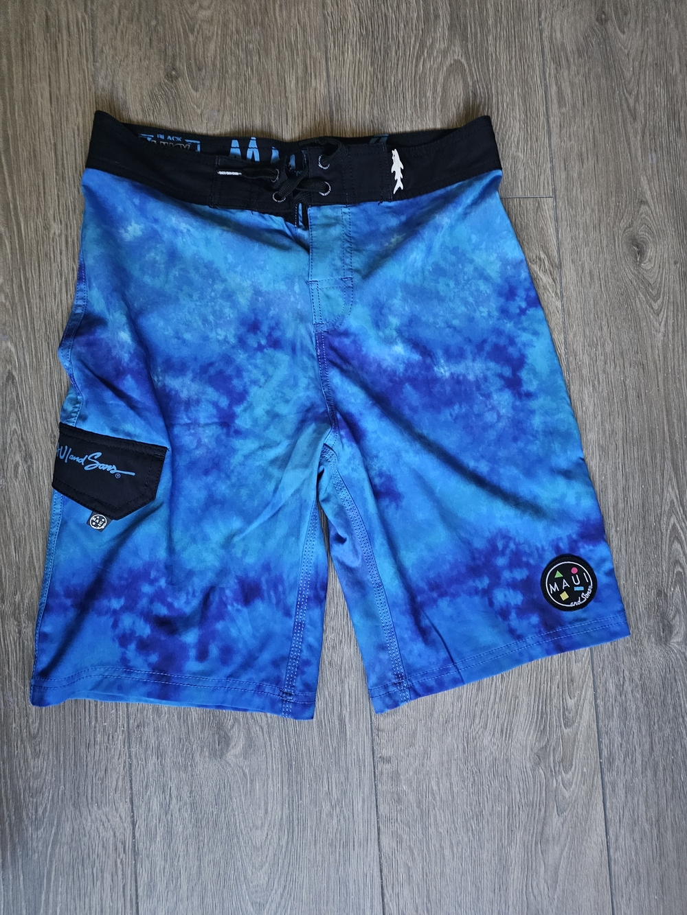 Maui and Sons Blue Tie-Dye Hybrid Swim Shorts with Black Waistband